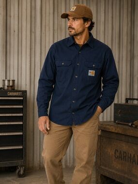 Carhartt FR Flame Resistant Work Shirt Men’s Large Regular Navy Button Front